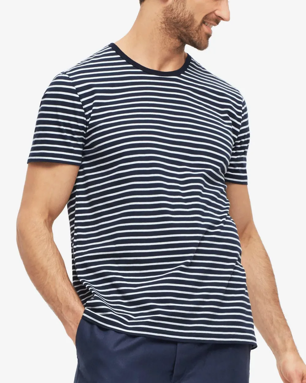 Navy and White Striped Pima Cotton Short Sleeve T-Shirt