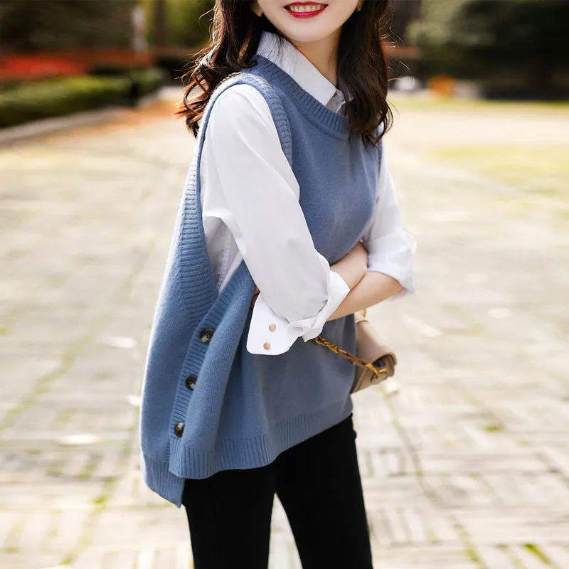 O-neck Sweater Vests Women Elegant Loose Sleeveless Knitted Sweaters Side-button All-match Stylish Popular Solid Cozy Ulzzang