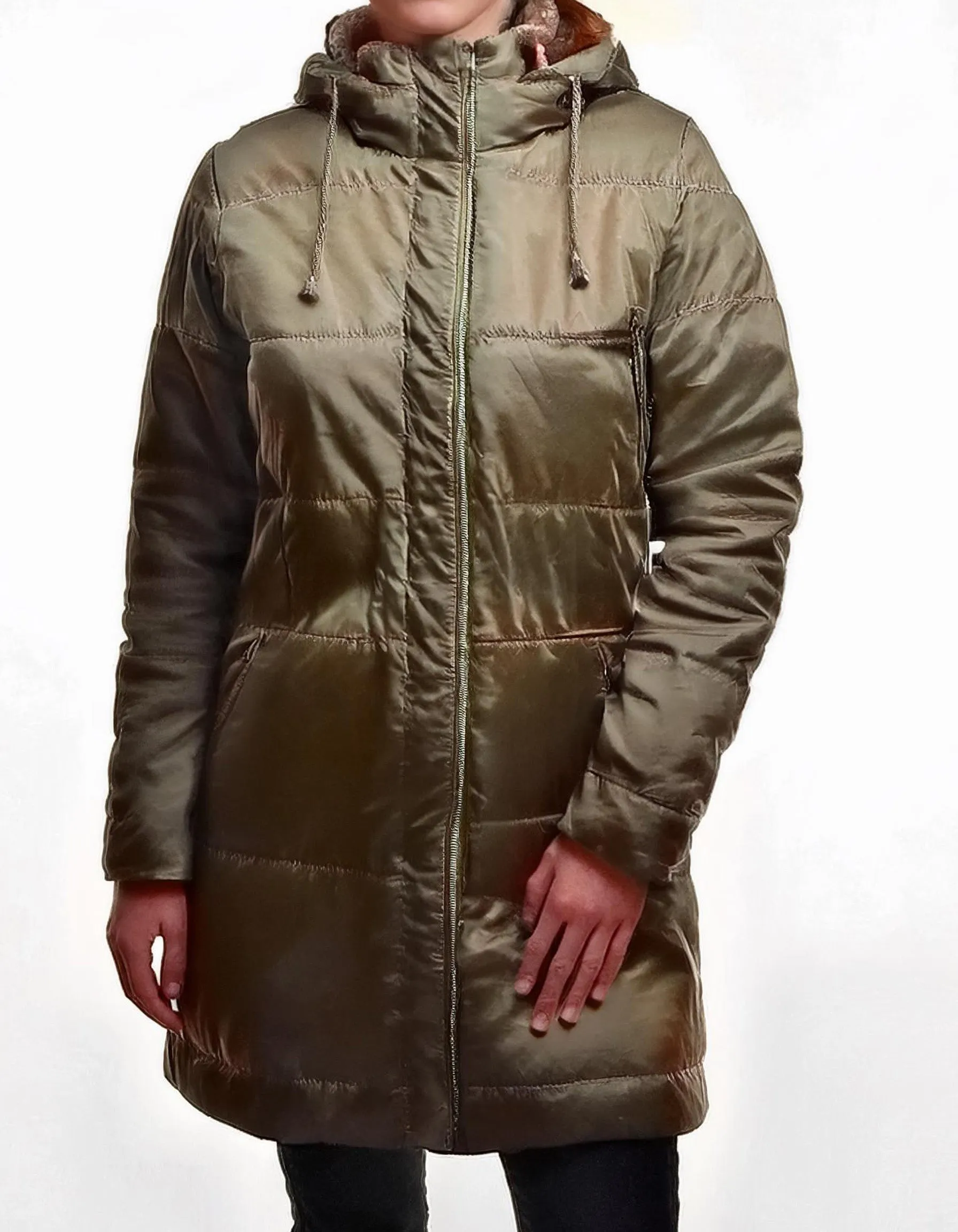 Olive Long Padded Parka with Drawstring Waist