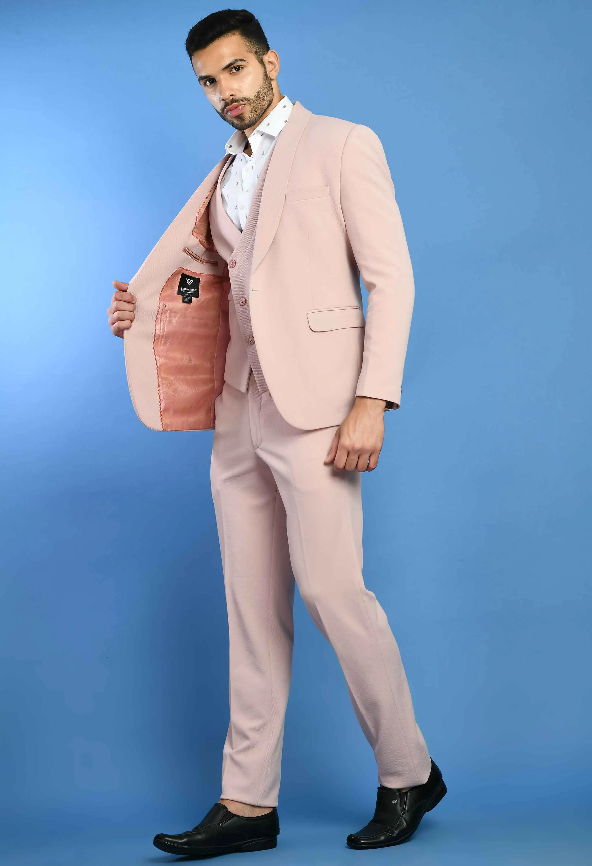 Pink Solid Knitted Smart Fit Suit