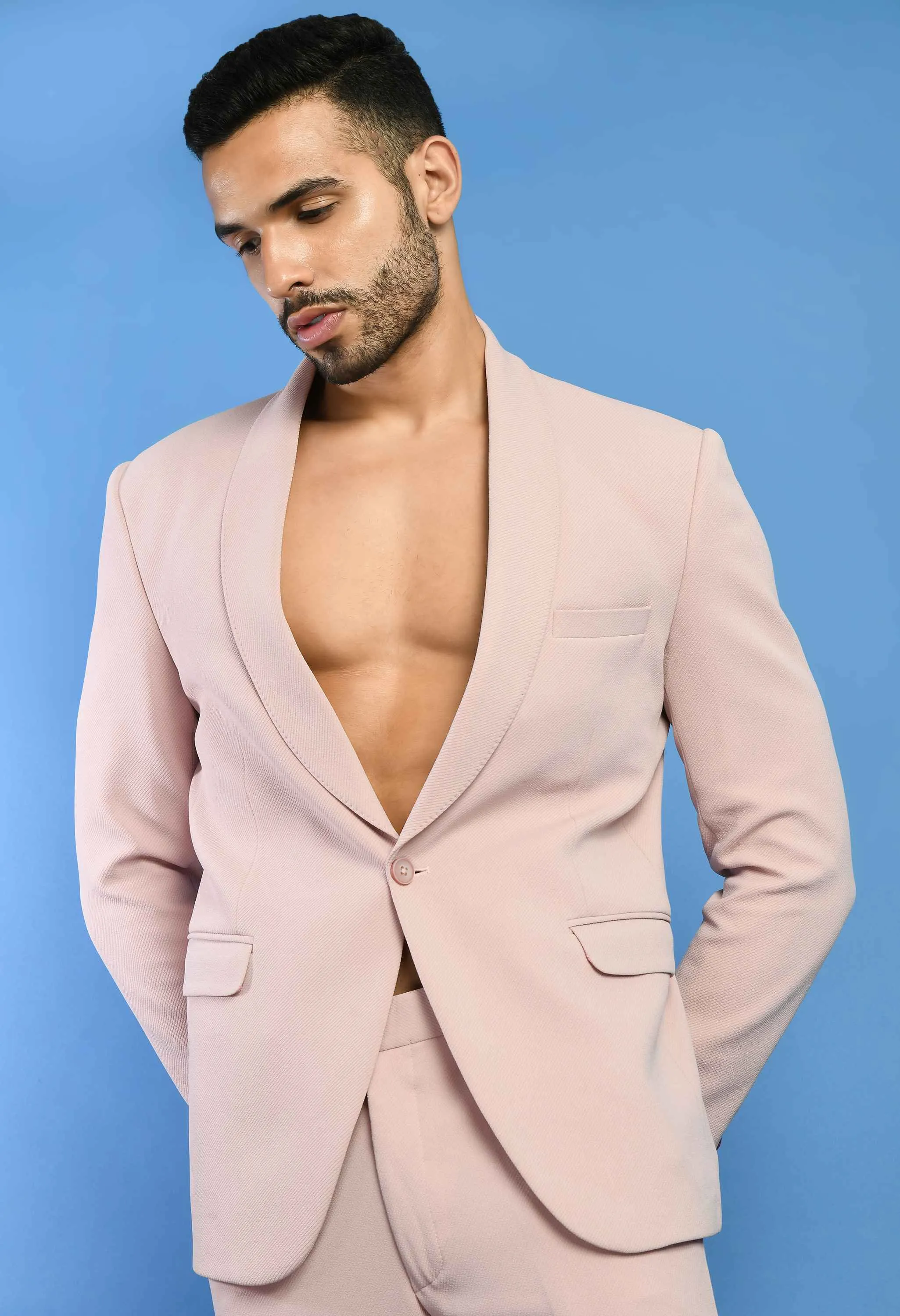 Pink Solid Knitted Smart Fit Suit