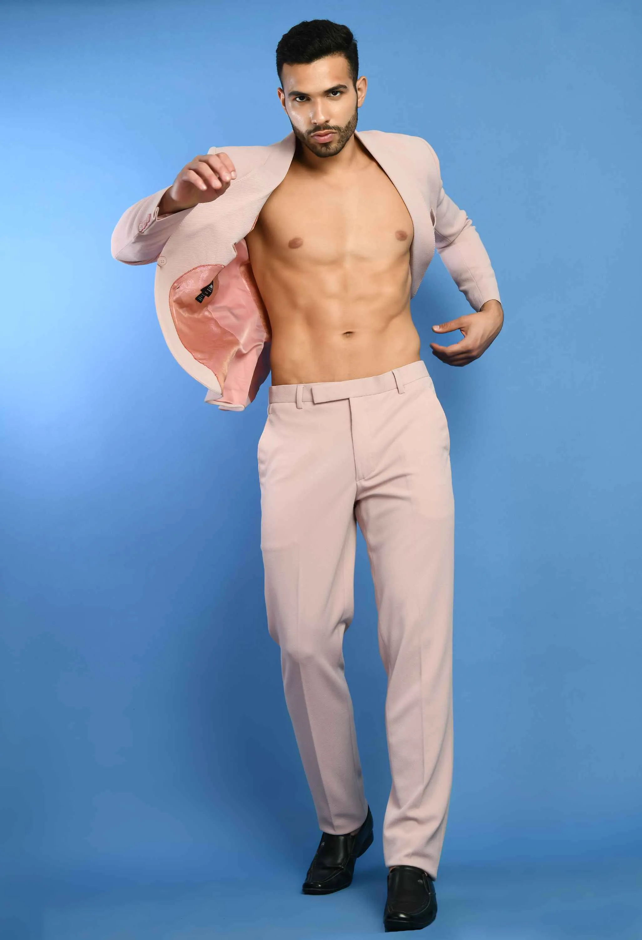 Pink Solid Knitted Smart Fit Suit