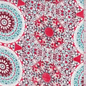 Red Coral/White/Maroon Circle Medallion Rayon Crinkle Fabric