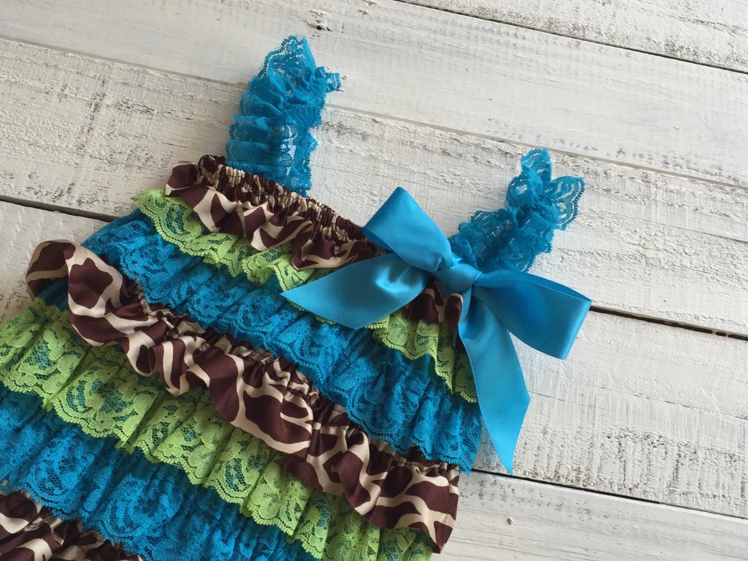 Satin & Lace Petti Romper - Giraffe Print Satin, Lime and Blue Lace