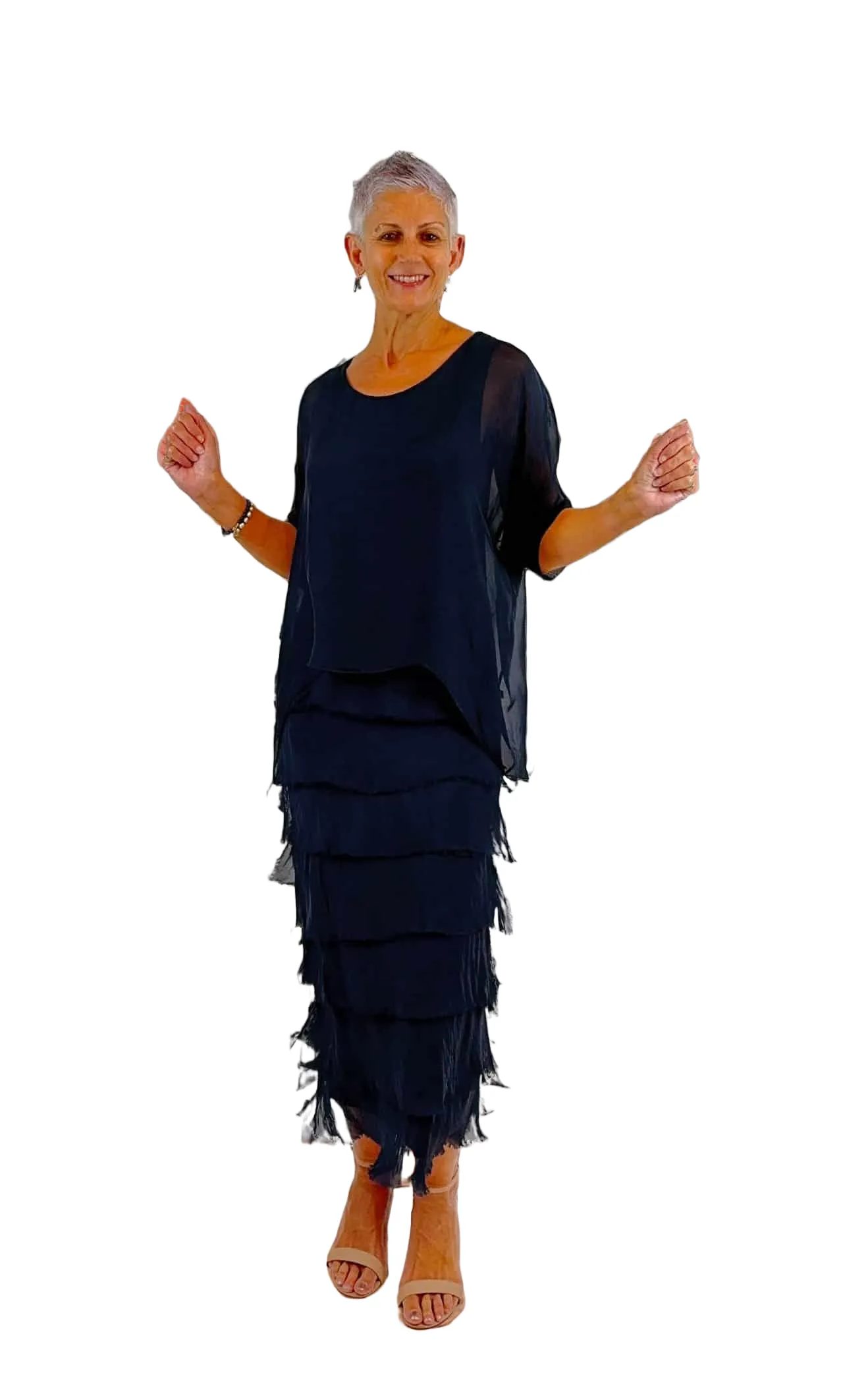 Silk Dress Frayed Layer dress Navy