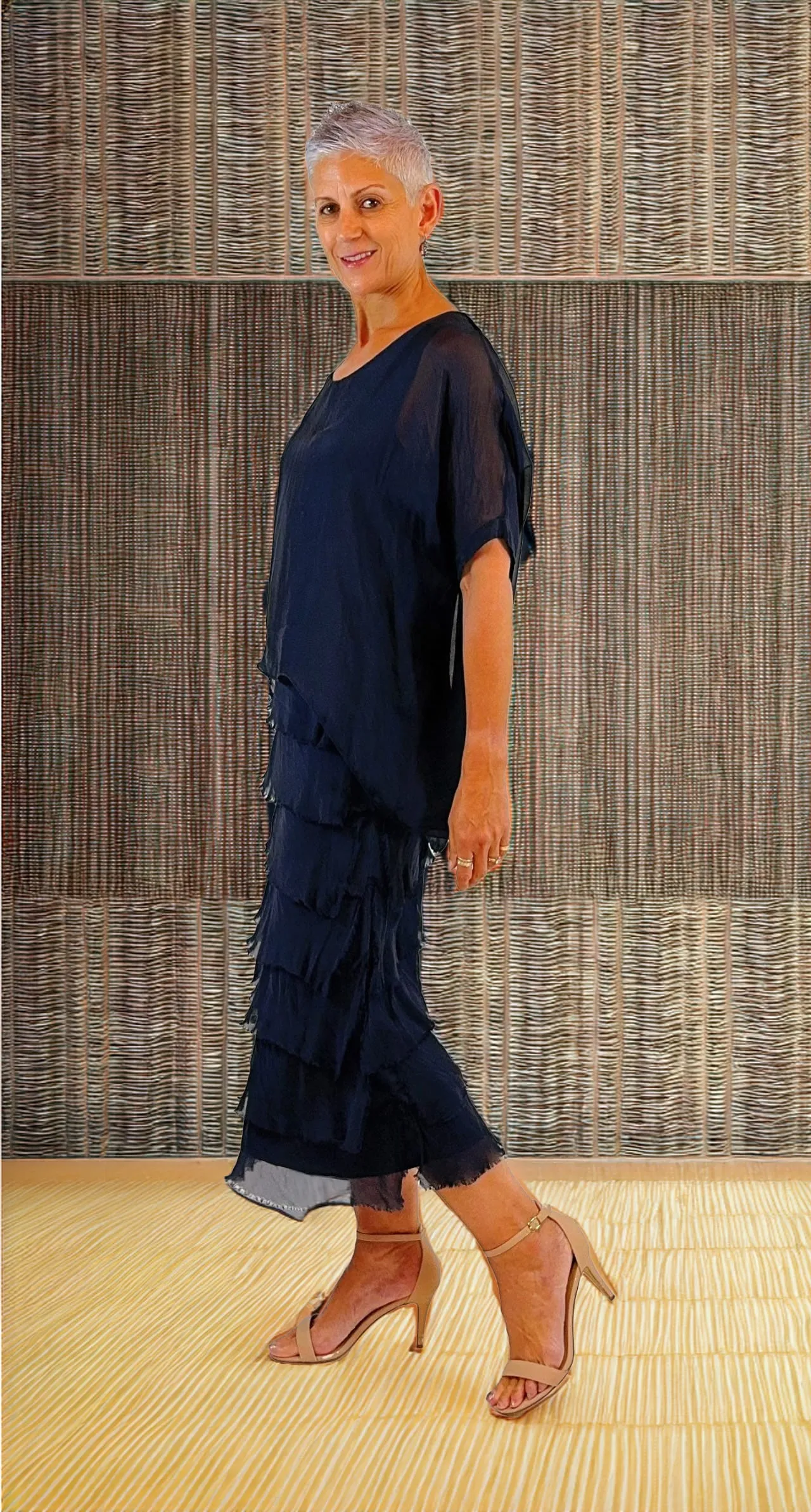 Silk Dress Frayed Layer dress Navy