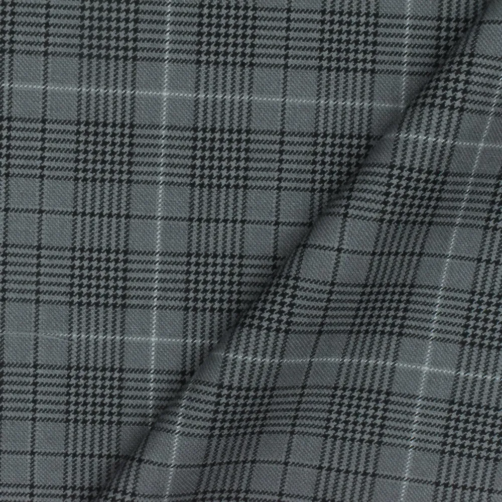 Simple Gray-Black-White Glen Plaid Wool Polyester Twill Woven Fabric