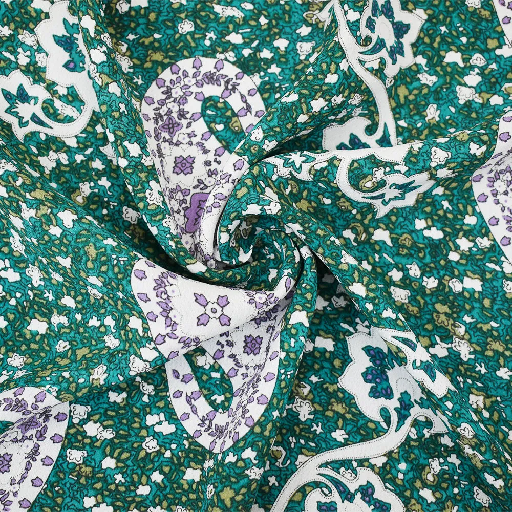 Turquoise-Purple-Multi Paisley Abstract Printed Rayon Crepe Faille Fabric