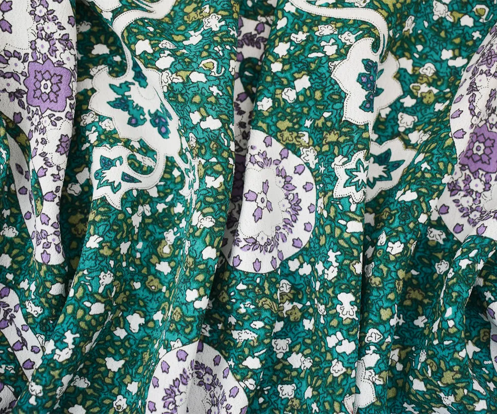 Turquoise-Purple-Multi Paisley Abstract Printed Rayon Crepe Faille Fabric