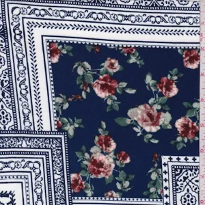 White/Sapphire Floral Tile Double Brushed Jersey Knit Fabric