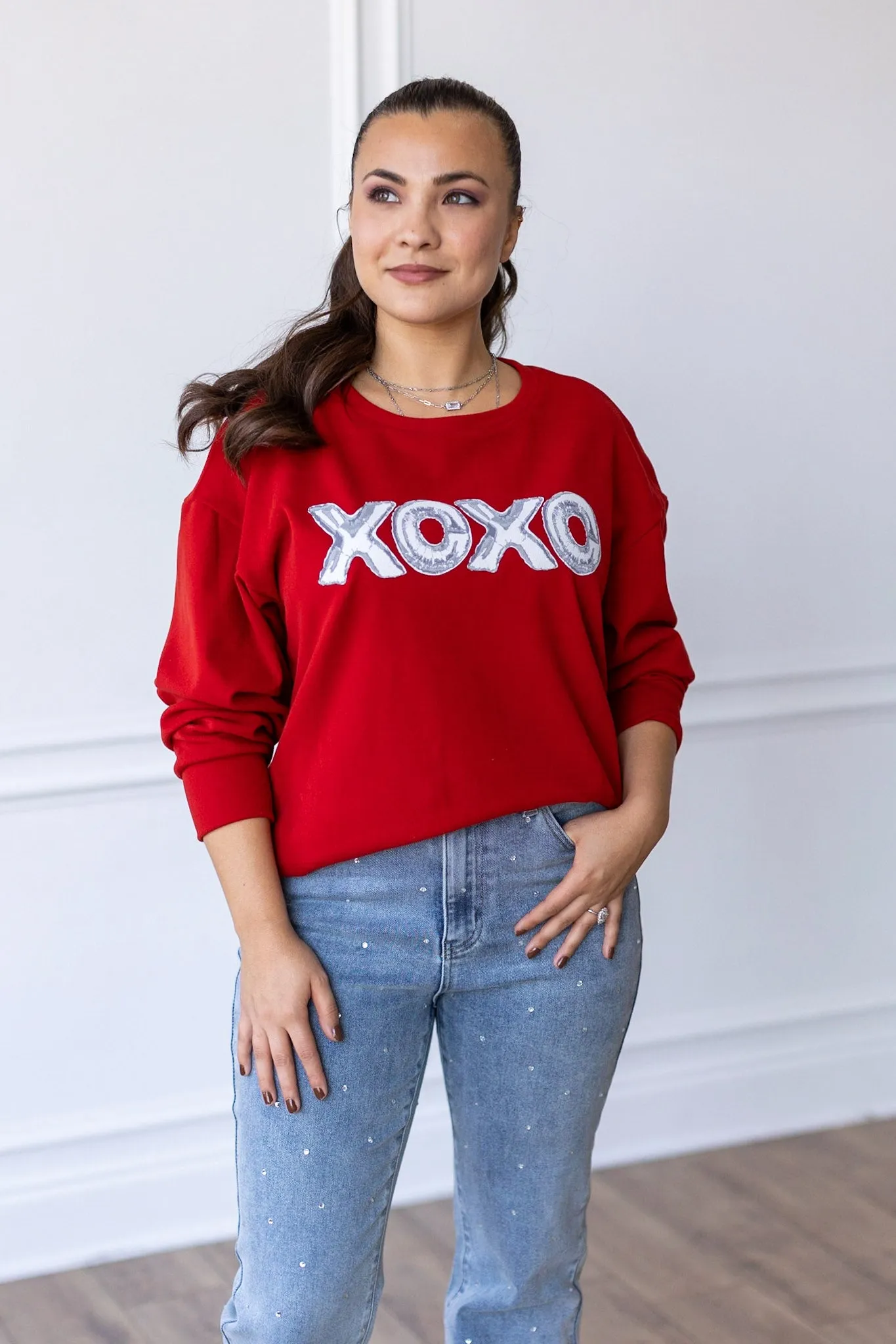 XOXO on Red Crazy Cozy Microfleece Crewneck